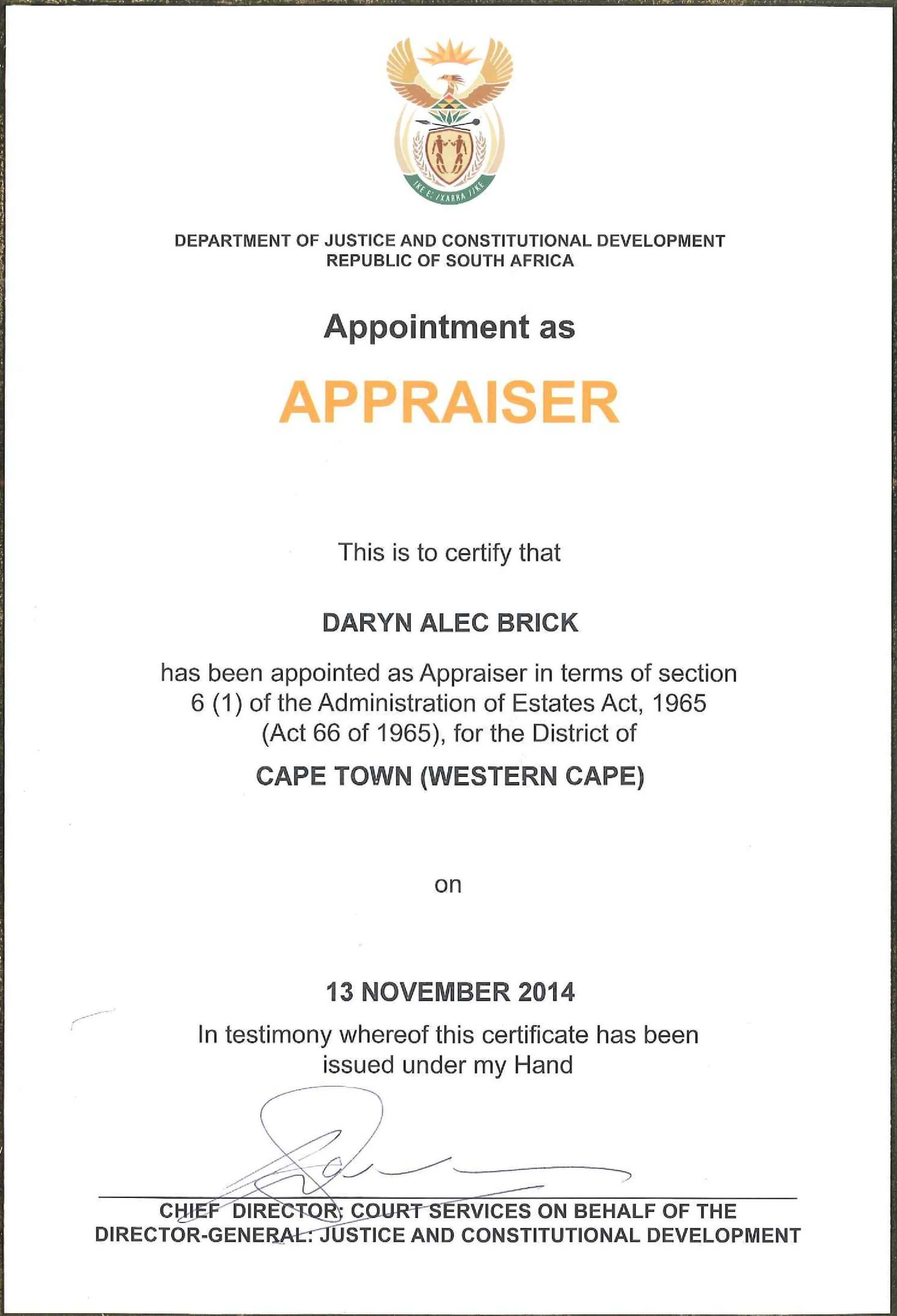 Sworn Appraiser Certificate